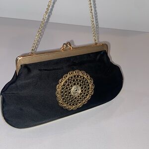 Steiner Vtg Evening Bag wristlet black, gold hardware chain strap filigree VGUC